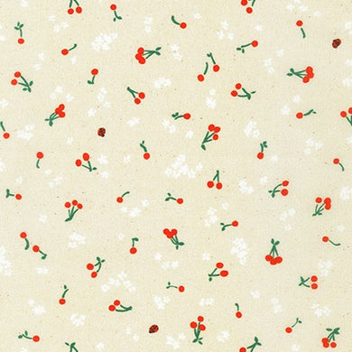 Wishwell Cheery Blossom in Lawn, Petite Cherries Natural, per half-yard