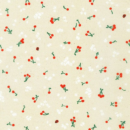 Wishwell Cheery Blossom in Lawn, Petite Cherries Natural, per half-yard